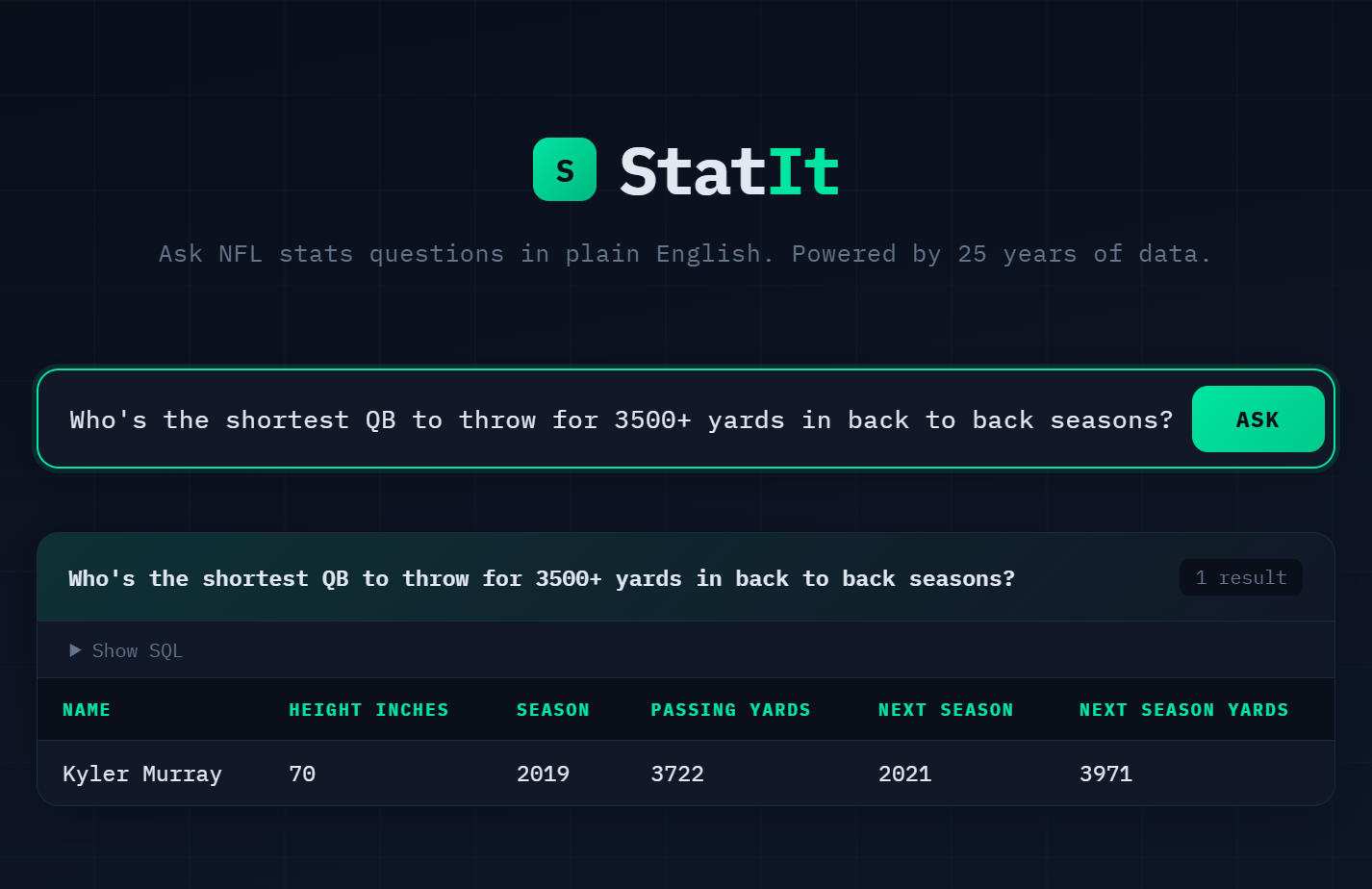 StatIt NFL Data Query Interface
